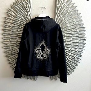 Christine Alexander Swarovski crystal designed hoodie with satin strings.